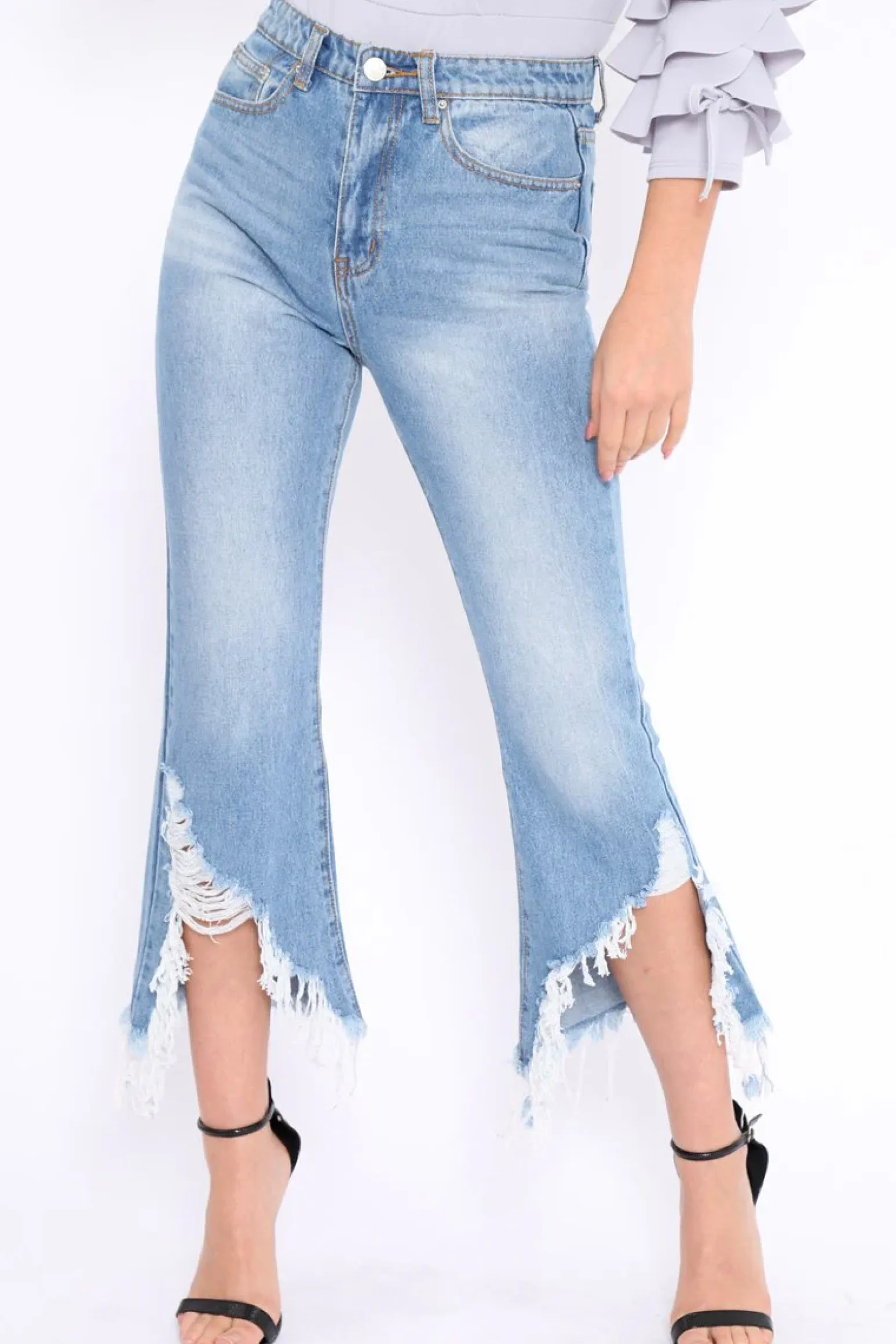Rebellious Fashion Light Wash Wide Leg Extreme Fray Hem Jeans - Abela