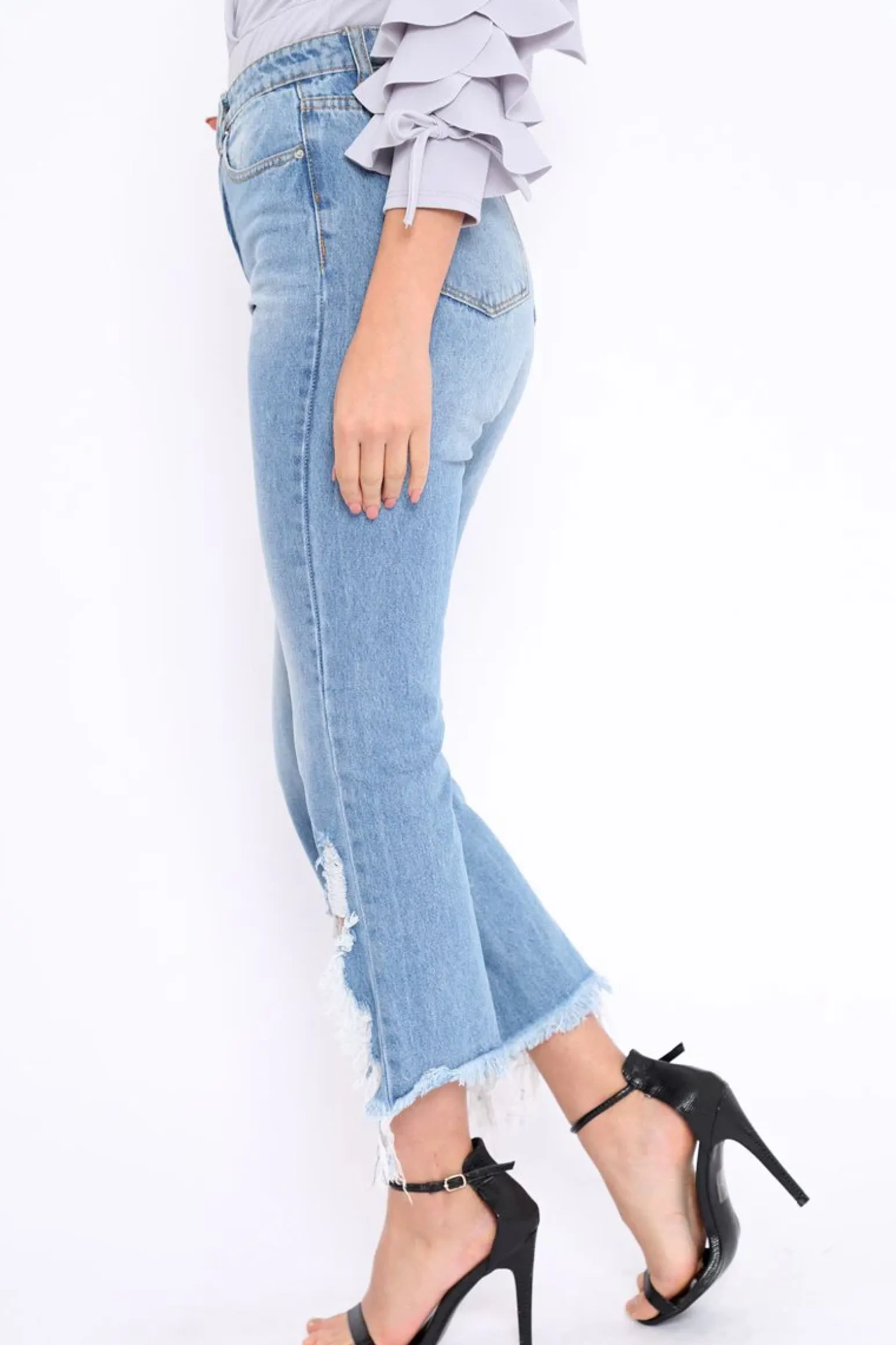 Rebellious Fashion Light Wash Wide Leg Extreme Fray Hem Jeans - Abela