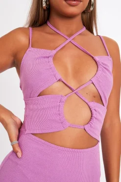 Rebellious Fashion Lilac Front Cut Out Ribbed Mini Dress - Holy