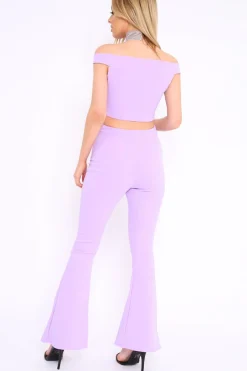 Rebellious Fashion Lilac Bardot Crop Top and Flare Trousers Co-ord - Cacie