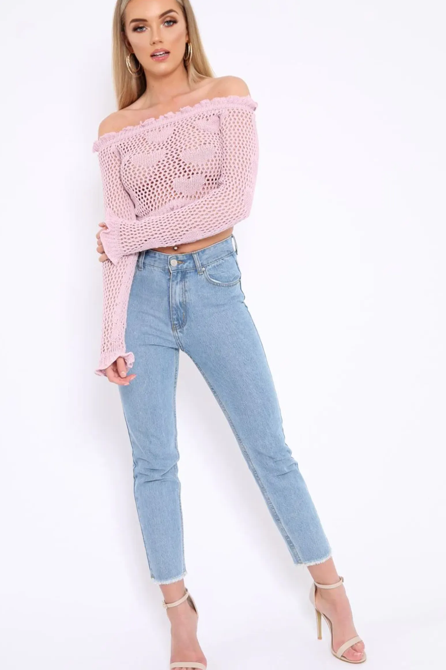 Rebellious Fashion Lilac Bardot Ruffle Hem Crochet Top - Byrdie