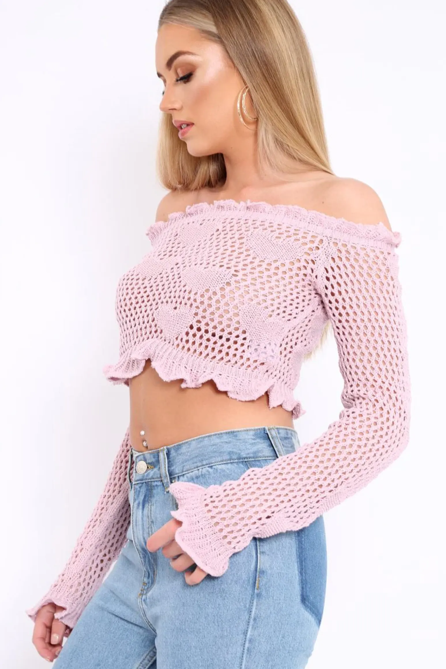 Rebellious Fashion Lilac Bardot Ruffle Hem Crochet Top - Byrdie