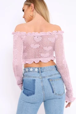 Rebellious Fashion Lilac Bardot Ruffle Hem Crochet Top - Byrdie