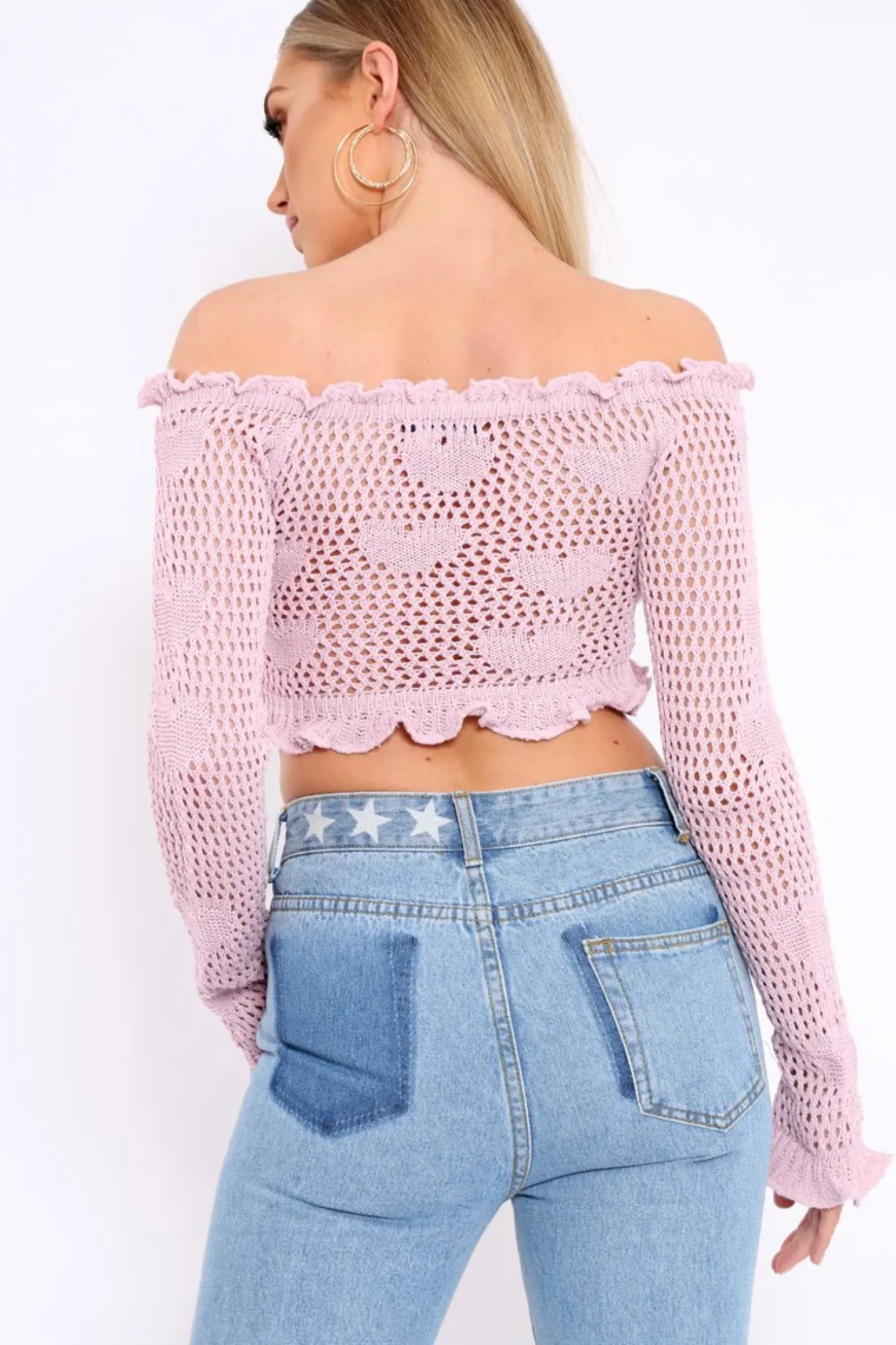 Rebellious Fashion Lilac Bardot Ruffle Hem Crochet Top - Byrdie