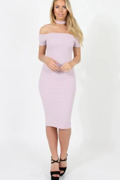 Rebellious Fashion Lilac Choker Bardot Bodycon Dress - Thea
