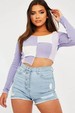 Rebellious Fashion Lilac Colour Block Off Shoulder Crop Top - Lanae