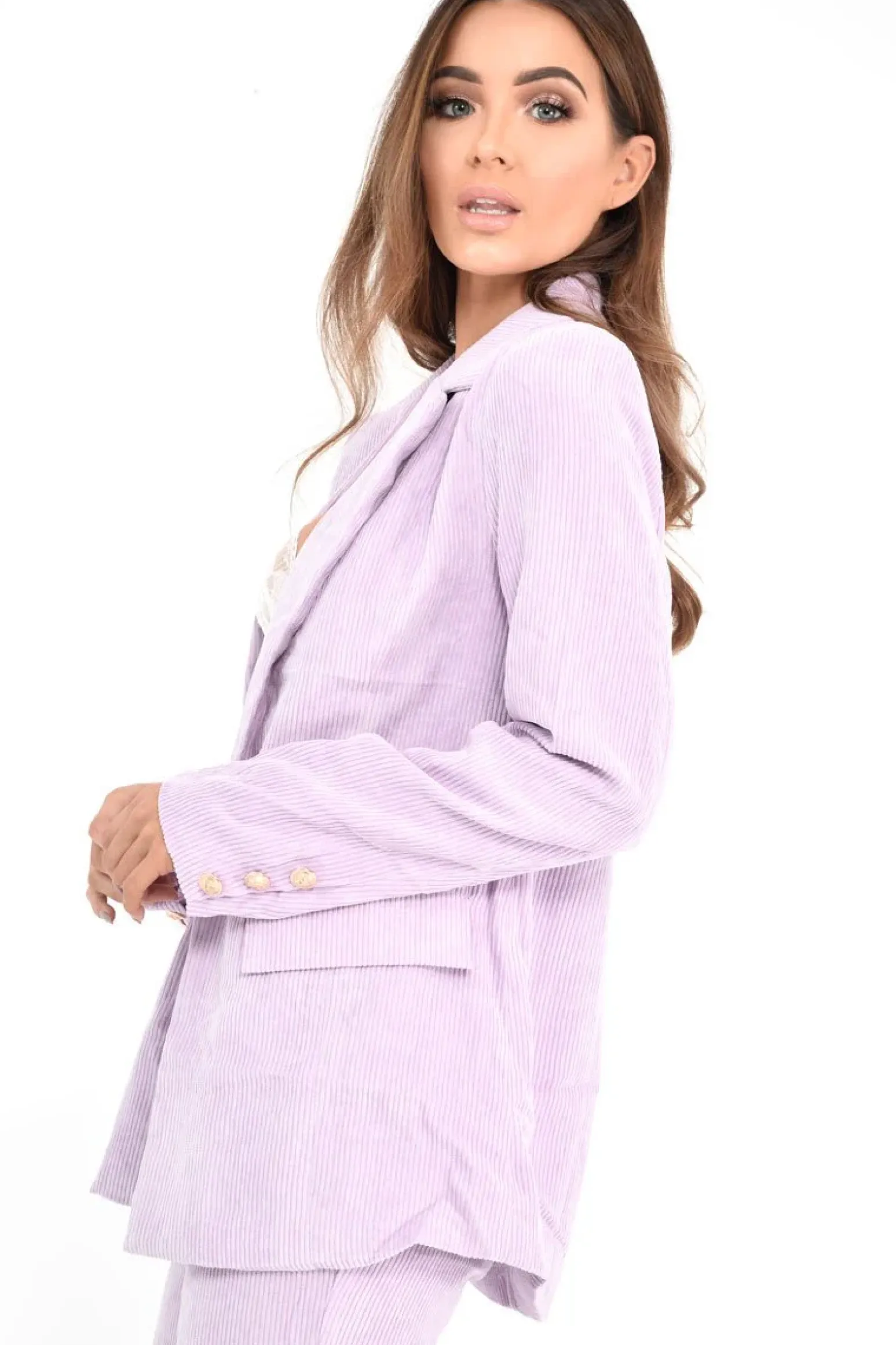 Rebellious Fashion Lilac Corduroy Gold Button Blazer - Charissa