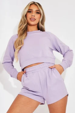 Rebellious Fashion Lilac Cropped Sweatshirt + Shorts Lounge Co-ord - Timara