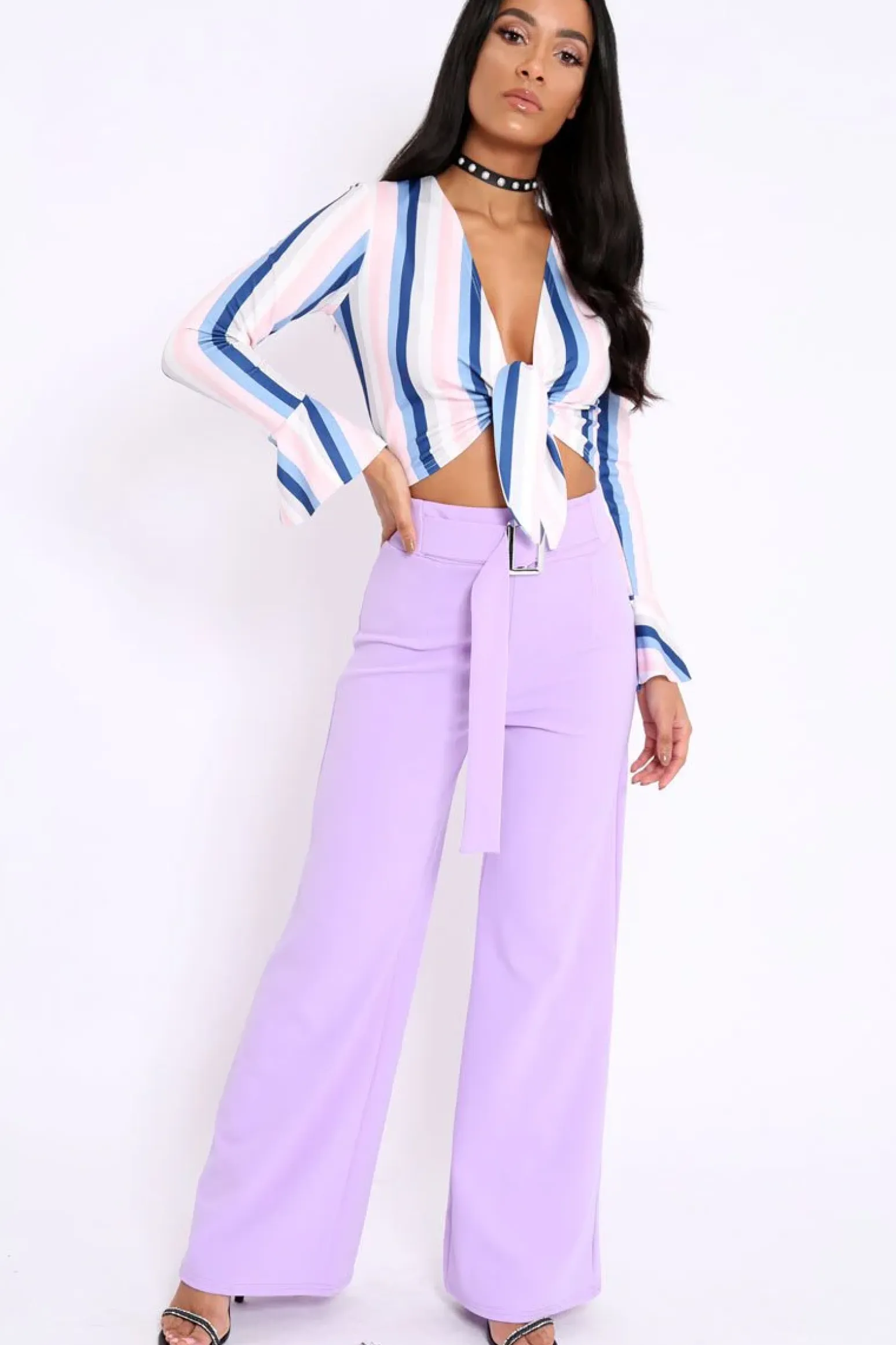 Rebellious Fashion Lilac High Waist Wide Leg Trousers with Buckle - Monico