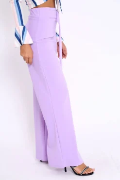 Rebellious Fashion Lilac High Waist Wide Leg Trousers with Buckle - Monico