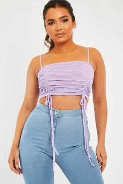 Rebellious Fashion Lilac Mesh Ruched Square Neck Crop Top - Leyna