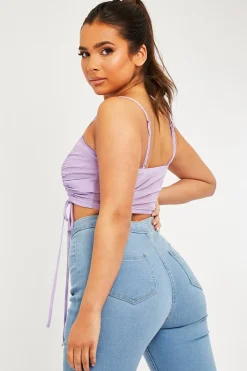 Rebellious Fashion Lilac Mesh Ruched Square Neck Crop Top - Leyna