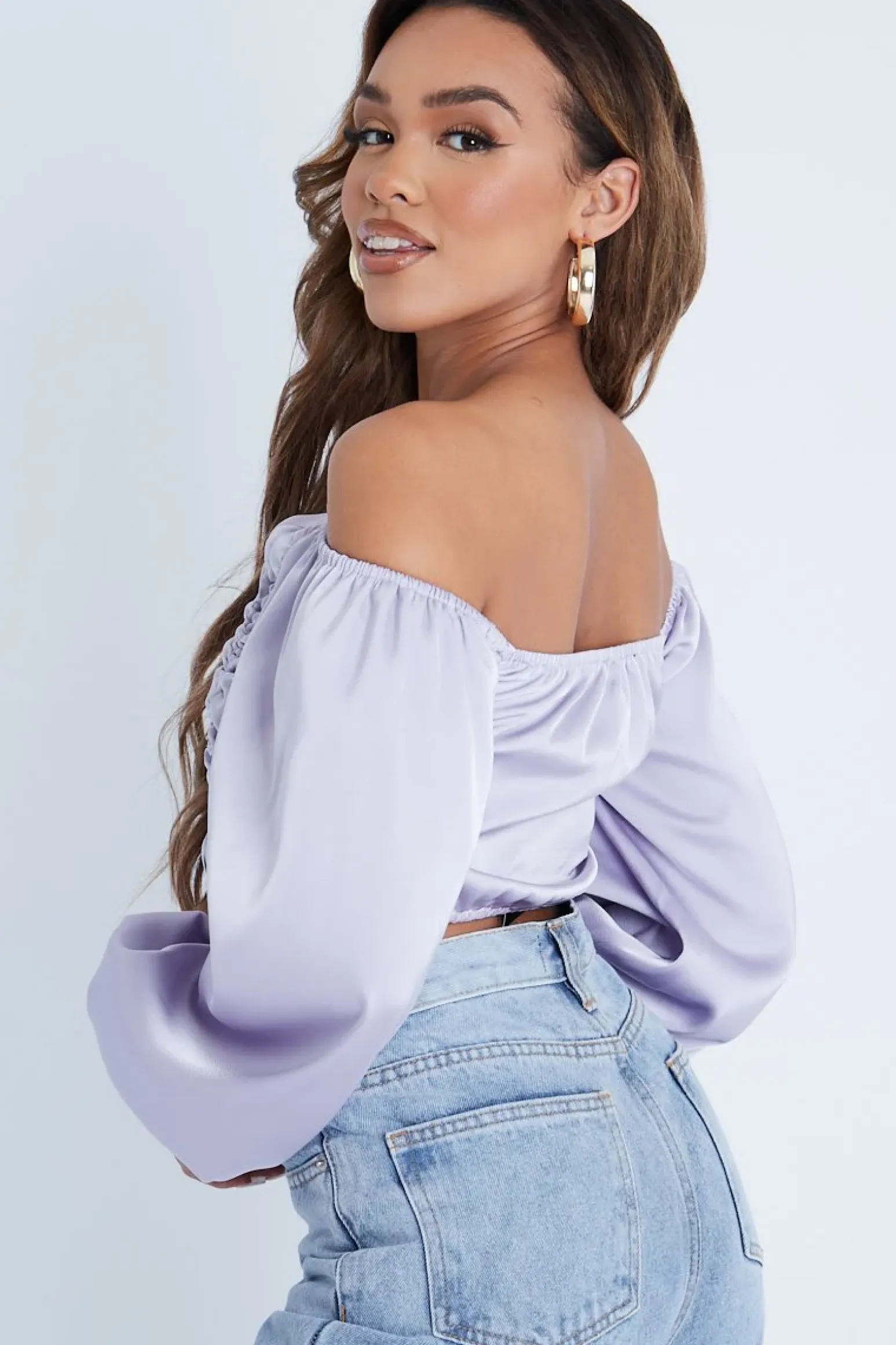 Rebellious Fashion Lilac Off The Shoulder Front Ruching Crop Top - Maxie