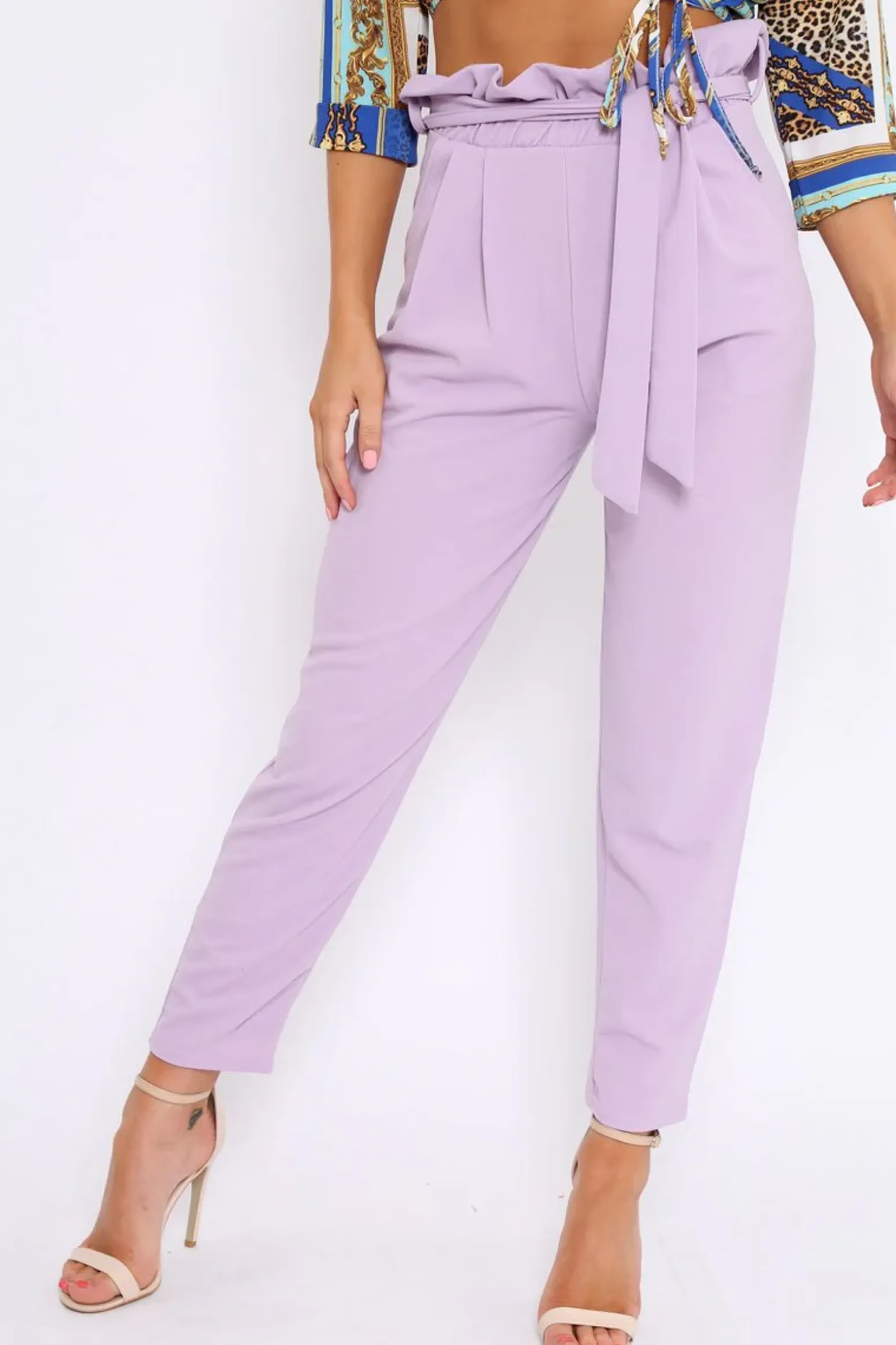 Rebellious Fashion Lilac Paper Bag Tie Waist Cigarette Trousers - Karmen