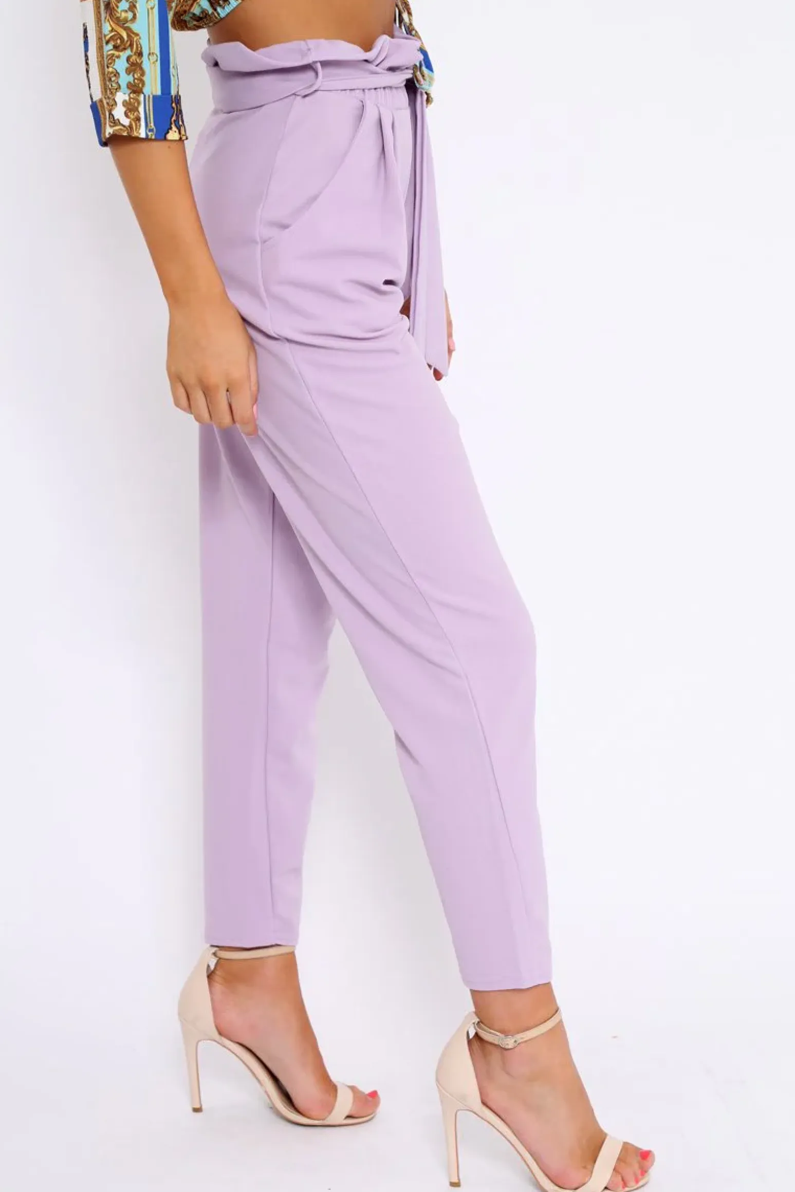 Rebellious Fashion Lilac Paper Bag Tie Waist Cigarette Trousers - Karmen