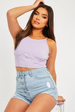 Rebellious Fashion Lilac Ribbed Corset Racer Crop Top - Frida