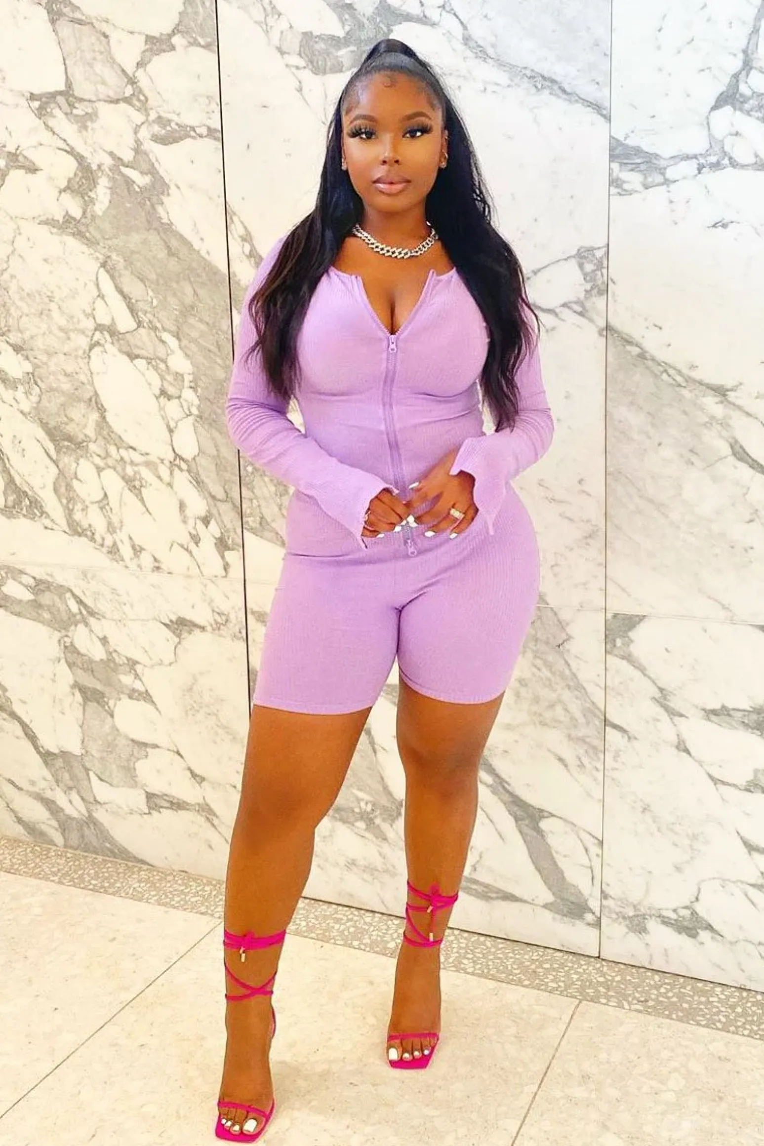 Rebellious Fashion Lilac Ribbed Double Zip Top Cycling Short Co-ord - Jamia