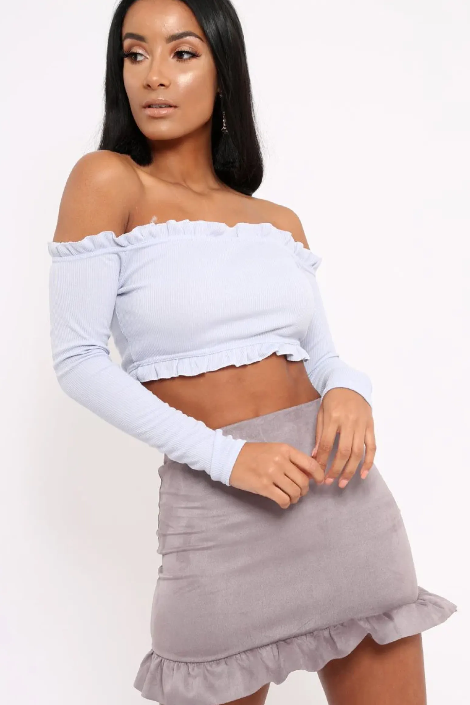 Rebellious Fashion Lilac Ribbed Frill Bardot Crop Top - Cassidy