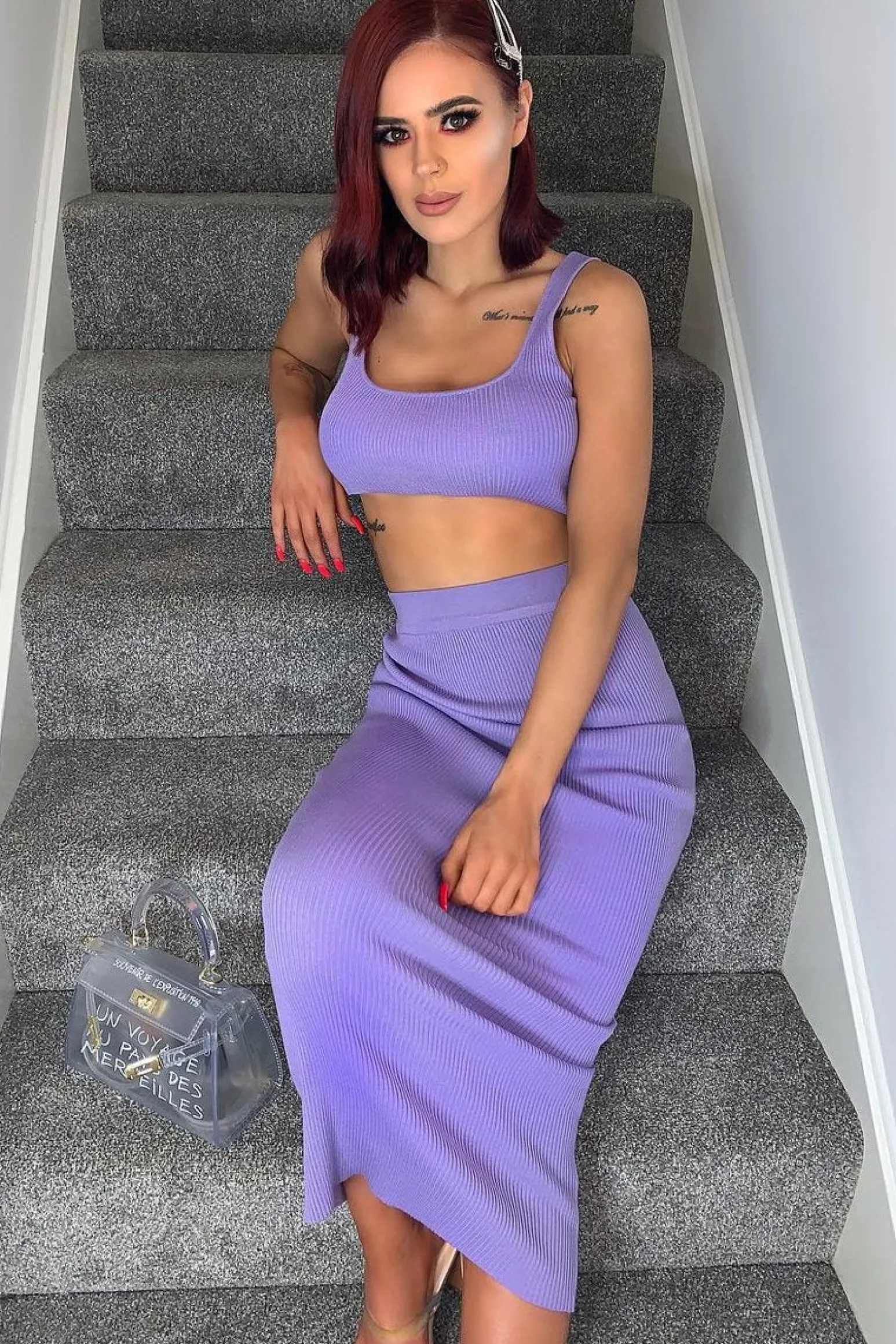 Rebellious Fashion Lilac Rib Knit Crop Top Midi Skirt Co-Ord - Larissa
