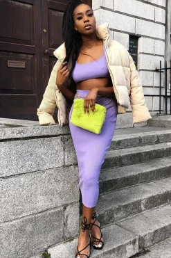 Rebellious Fashion Lilac Rib Knit Crop Top Midi Skirt Co-Ord - Larissa