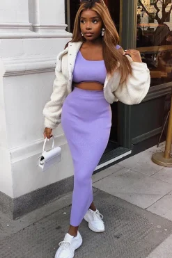 Rebellious Fashion Lilac Rib Knit Crop Top Midi Skirt Co-Ord - Larissa