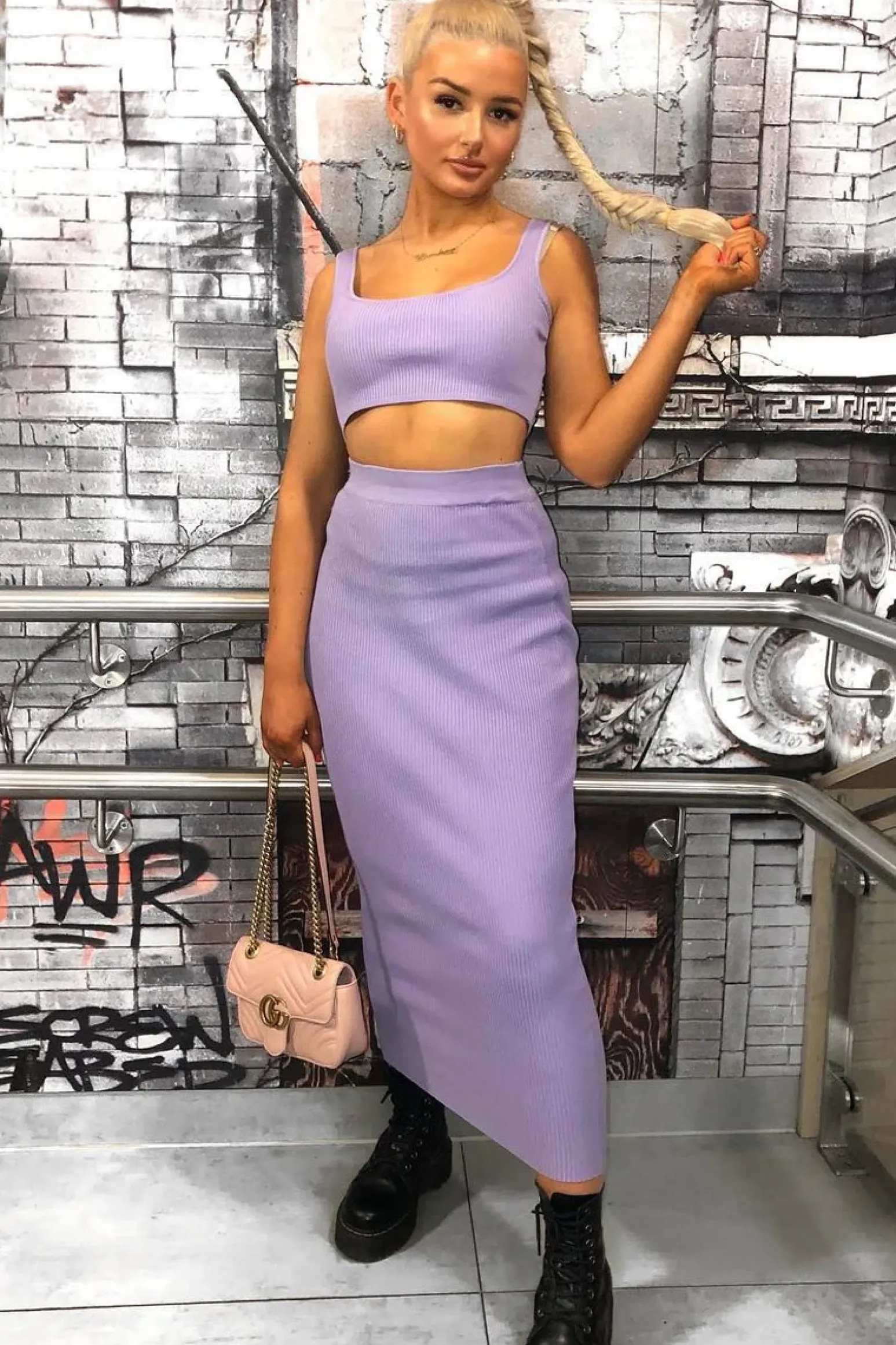 Rebellious Fashion Lilac Rib Knit Crop Top Midi Skirt Co-Ord - Larissa