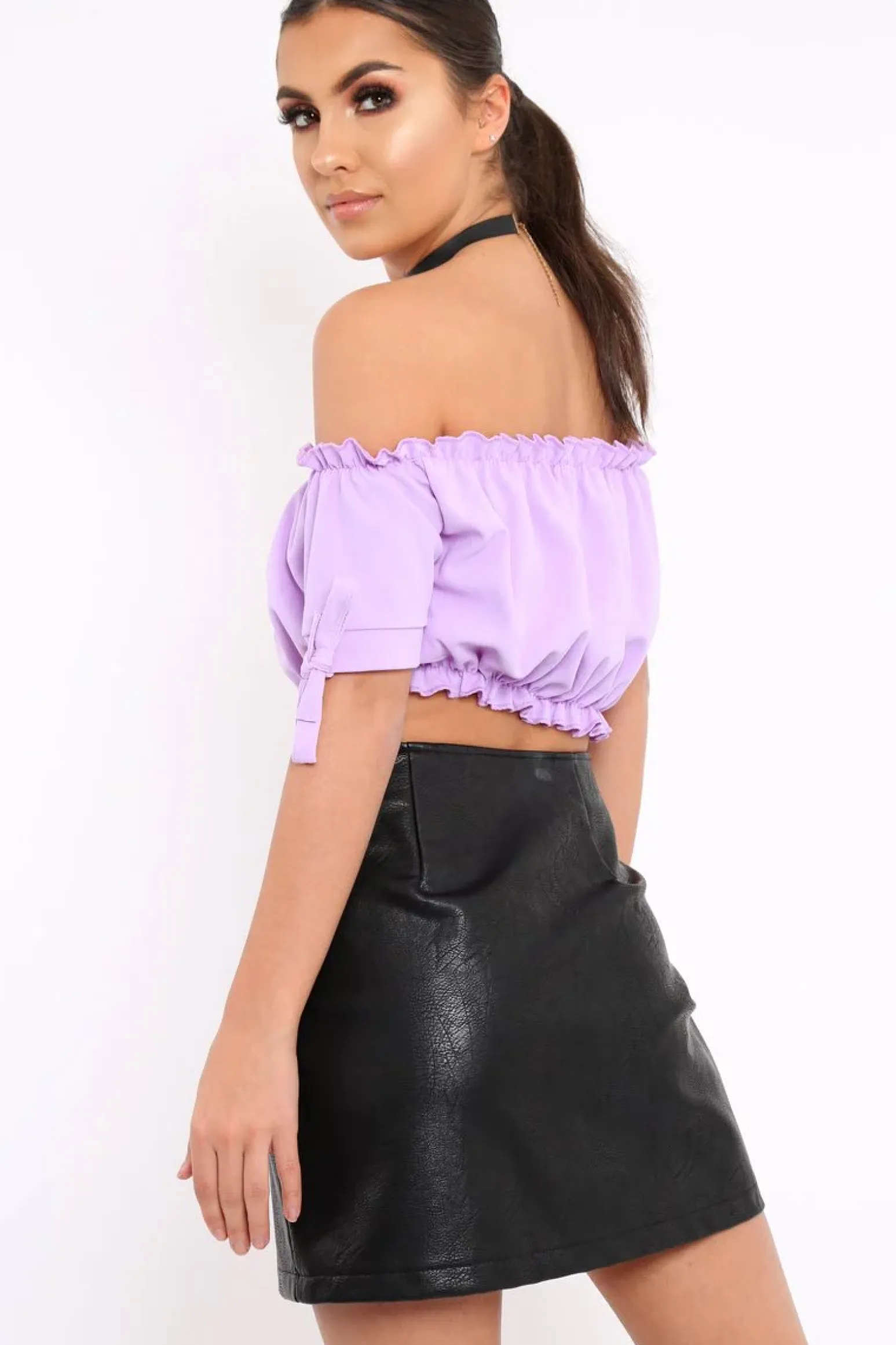Rebellious Fashion Lilac Ruched Bardot Gypsy Crop Top - Janette