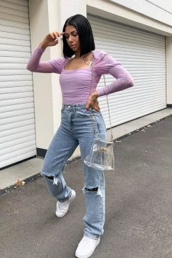 Rebellious Fashion Lilac Ruched Body Mesh Sleeve Bodysuit - Raeya