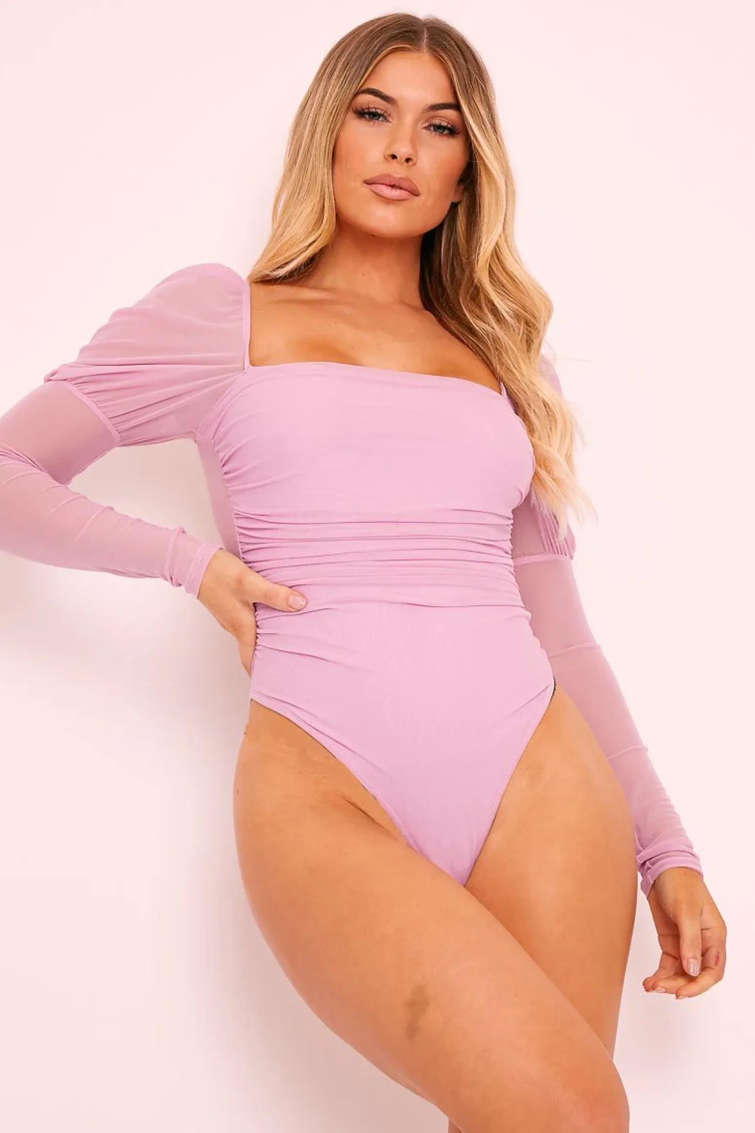 Rebellious Fashion Lilac Ruched Body Mesh Sleeve Bodysuit - Raeya