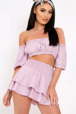 Rebellious Fashion Lilac Ruffle Bardot Crop Top And Skirt Co-ord - Aamora