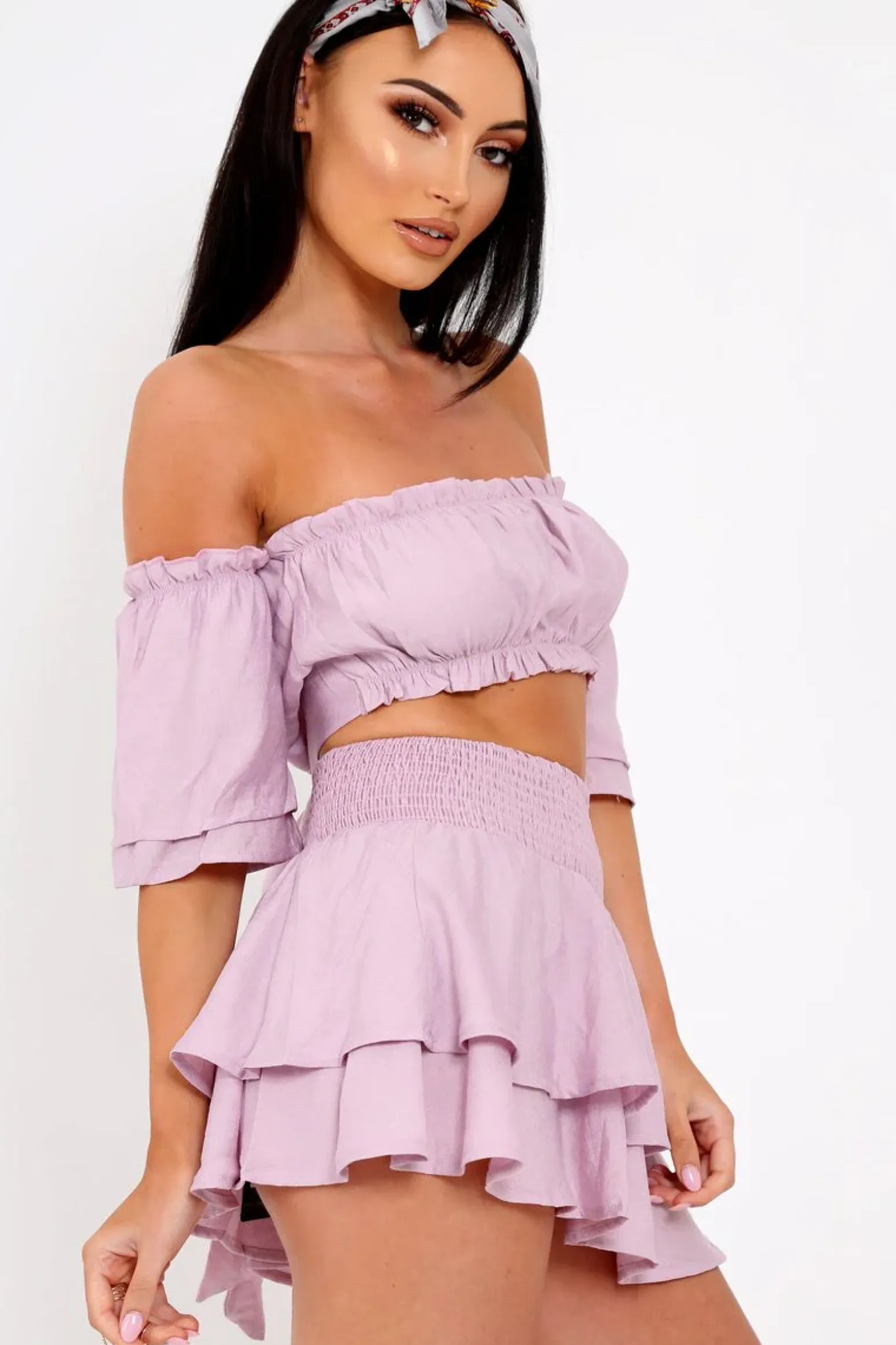 Rebellious Fashion Lilac Ruffle Bardot Crop Top And Skirt Co-ord - Aamora