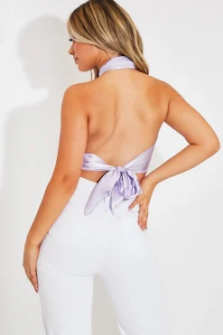 Rebellious Fashion Lilac Satin Bandana Halterneck Crop Top - Charlise