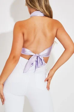 Rebellious Fashion Lilac Satin Bandana Halterneck Crop Top - Charlise