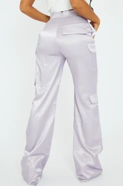 Rebellious Fashion Lilac Satin Straight Leg Cargo Trousers - Harlyn