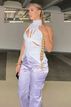Rebellious Fashion Lilac Satin Straight Leg Cargo Trousers - Harlyn