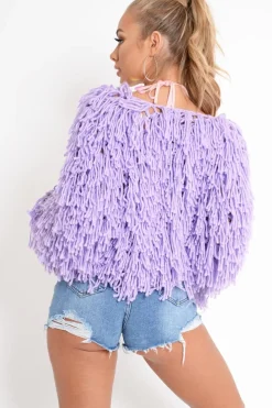 Rebellious Fashion Lilac Shaggy Crop Jacket - Neha