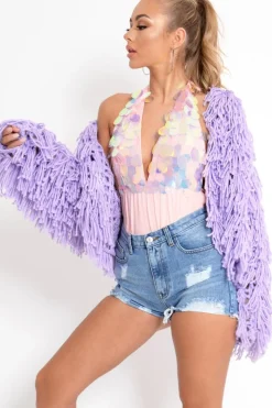 Rebellious Fashion Lilac Shaggy Crop Jacket - Neha