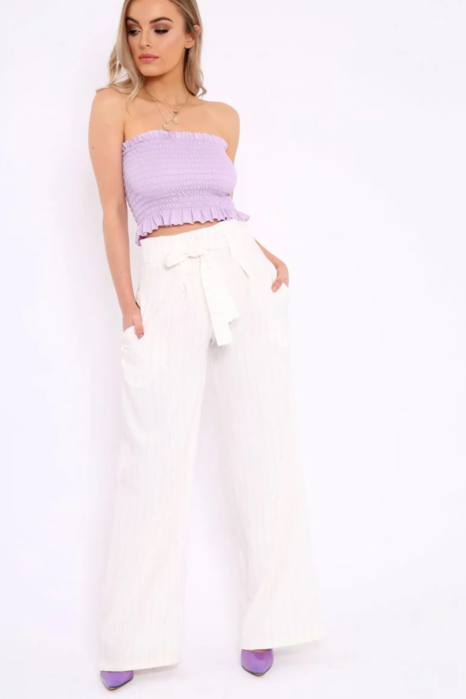 Rebellious Fashion Lilac Shirred Frill Bandeau Crop Top - Camren