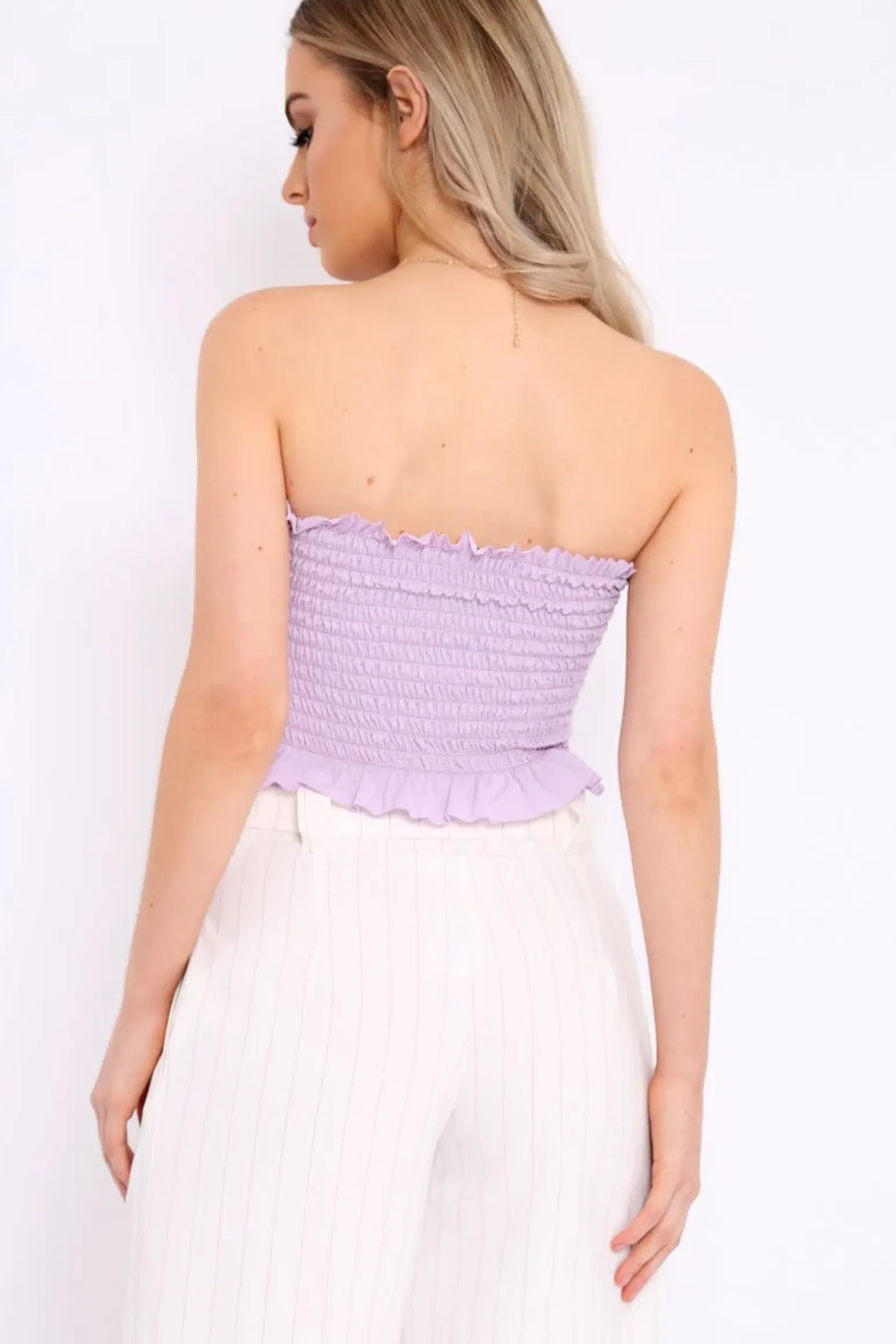 Rebellious Fashion Lilac Shirred Frill Bandeau Crop Top - Camren