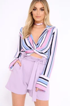 Rebellious Fashion Lilac Striped Plunge Twist Front Crop Top - Gracelee