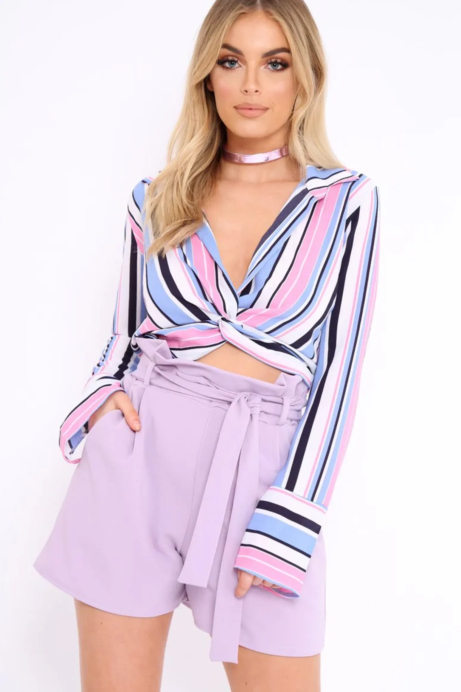 Rebellious Fashion Lilac Striped Plunge Twist Front Crop Top - Gracelee