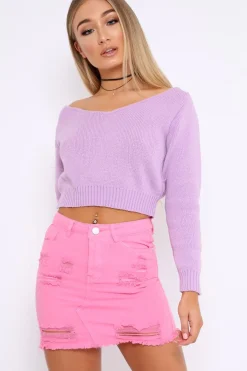 Rebellious Fashion Lilac V Neck Off Shoulder Knitted Cropped Jumper - Kirby