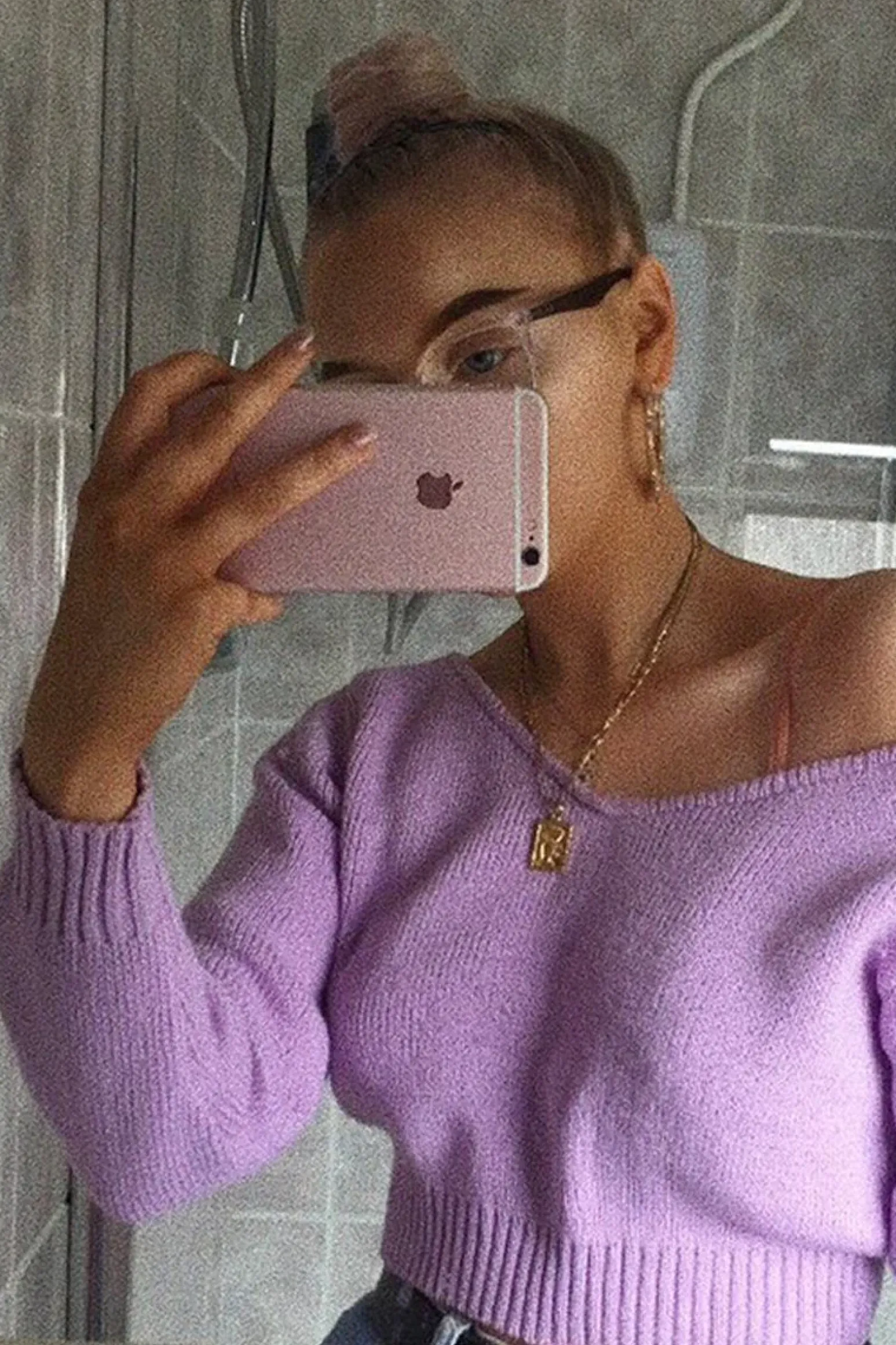 Rebellious Fashion Lilac V Neck Off Shoulder Knitted Cropped Jumper - Kirby