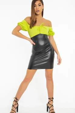 Rebellious Fashion Lime Black PU Puff Sleeve Tie Front Bodycon Dress - Angelina