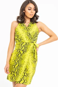 Rebellious Fashion Lime Snake Print Wrap Tie Front Sleeveless Dress - Jayde