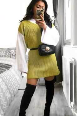 Rebellious Fashion Lime And White Knitted High Neck Oversized Jumper - Cerina