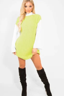 Rebellious Fashion Lime And White Knitted High Neck Oversized Jumper - Cerina