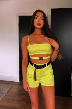 Rebellious Fashion Lime Buckle Utility Crop Top and Shorts Co-ord - Juri