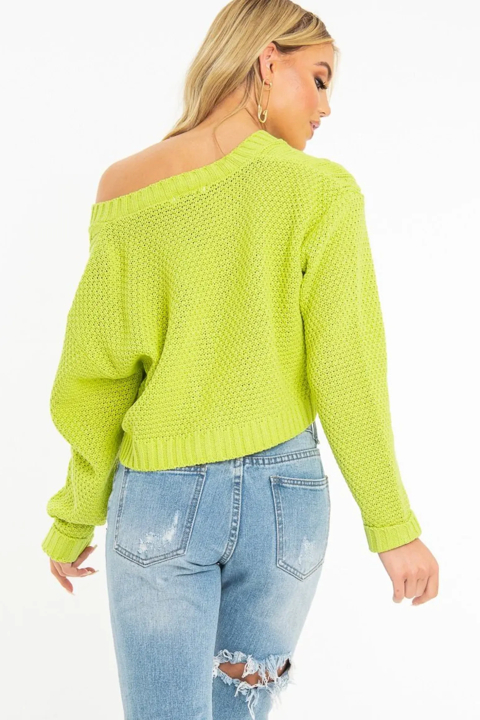 Rebellious Fashion Lime Chunky Knit Button Up Crop Cardigan - Elly