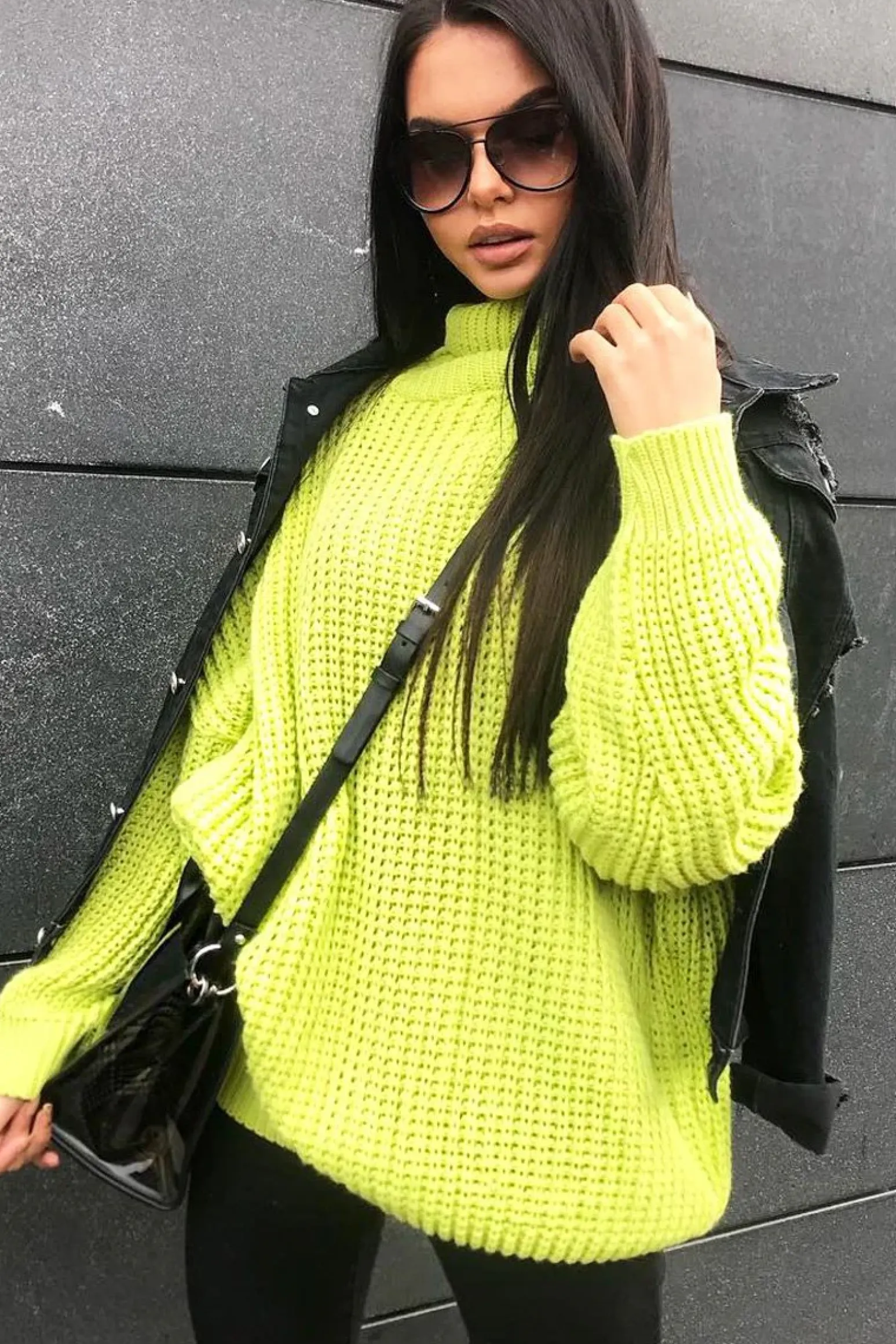 Rebellious Fashion Lime Chunky Knit Jumper Dress - Maci